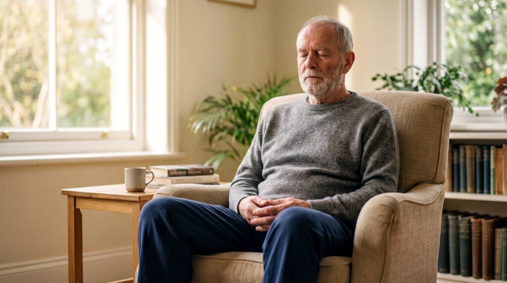 Homme âgé en séance de sophrologie à domicile