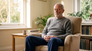 Homme âgé en séance de sophrologie à domicile
