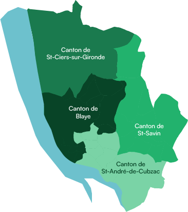 Carte du territoire d'intervention de l'AMSAD en Haute Gironde sur les cantons de Blaye, Saint-Savin, Saint-André de Cubzac et Saint-Ciers-sur-Gironde